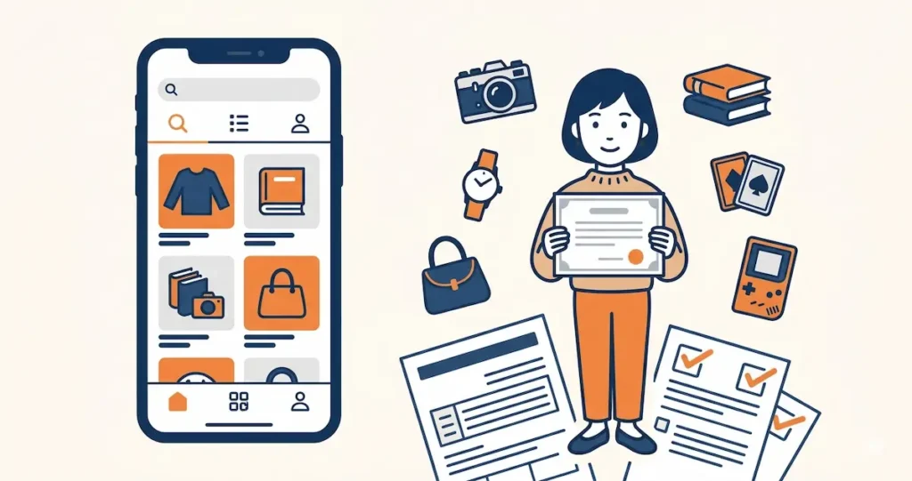 古物商許可証を持つ女性とフリマアプリ・中古品アイテムのイラスト